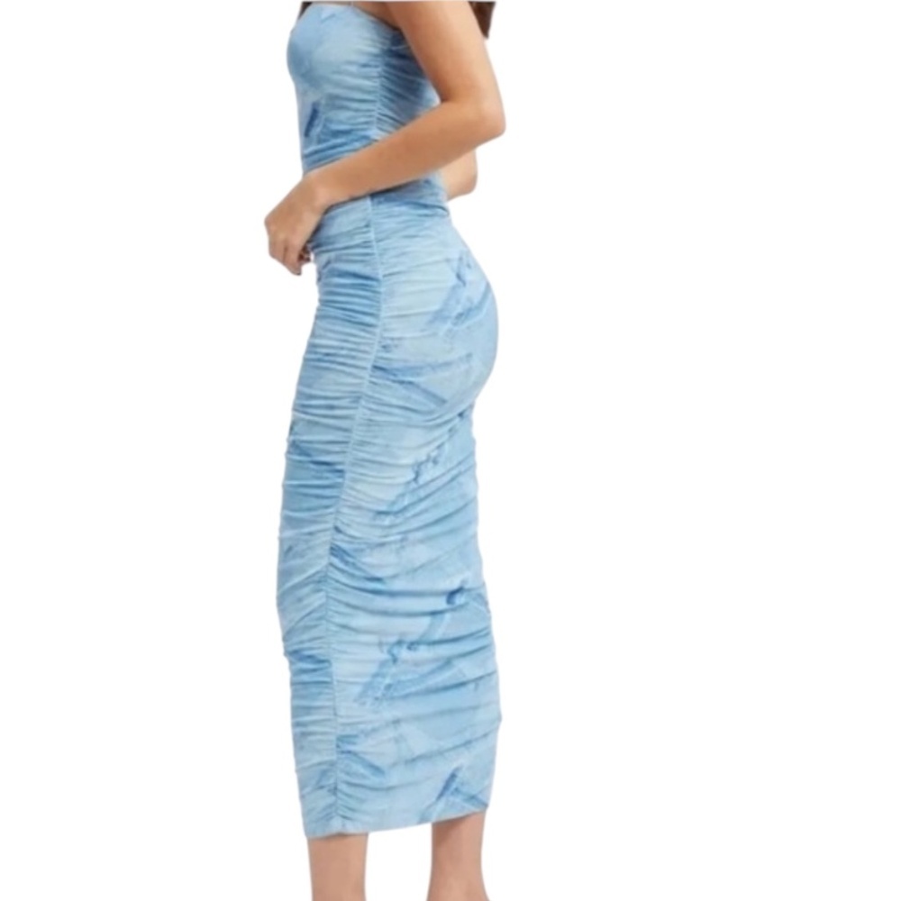 Good American Ruched Strapless Mesh Midi Dress | 6/2XL | Denim Print | Bodycon